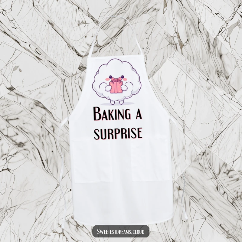 Funny cloud character presenting a sparkling gift box. Humorous apron.
