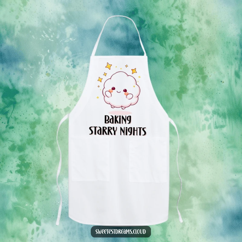 Funny Apron showing a cloud character playfully tossing sparkly stars, perfect for adding celestial fun to cooking.