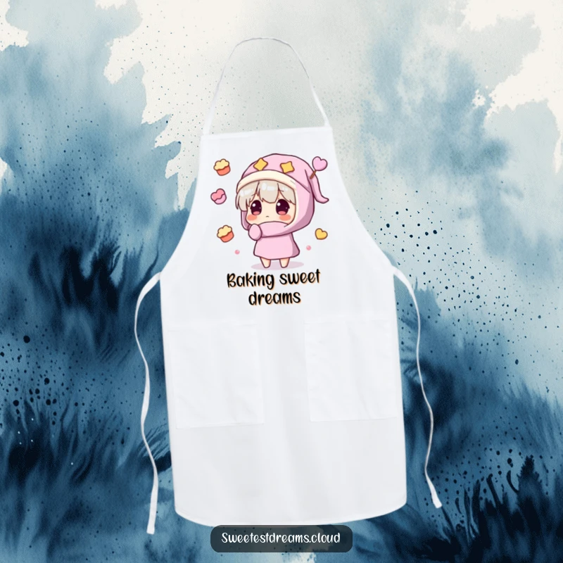 Funny Apron depicting a character in a nightcap amazed by floating sweets, perfect for baking with a humorous, sweet theme.
