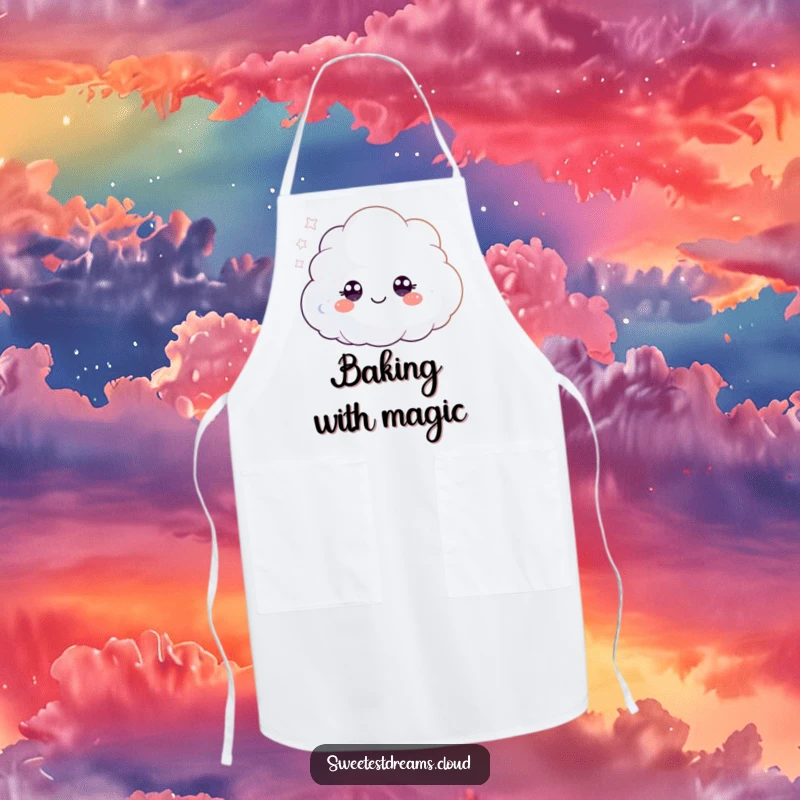 Funny apron depicting a fluffy cloud character blowing shimmering glitter, bringing a magical and playful element to the kitchen.