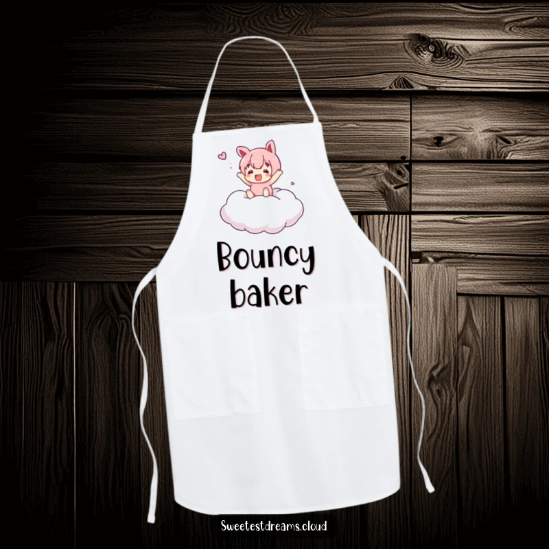 Funny Apron depicting a character bouncing on a marshmallow cloud, perfect for cooking with a humorous, playful theme.