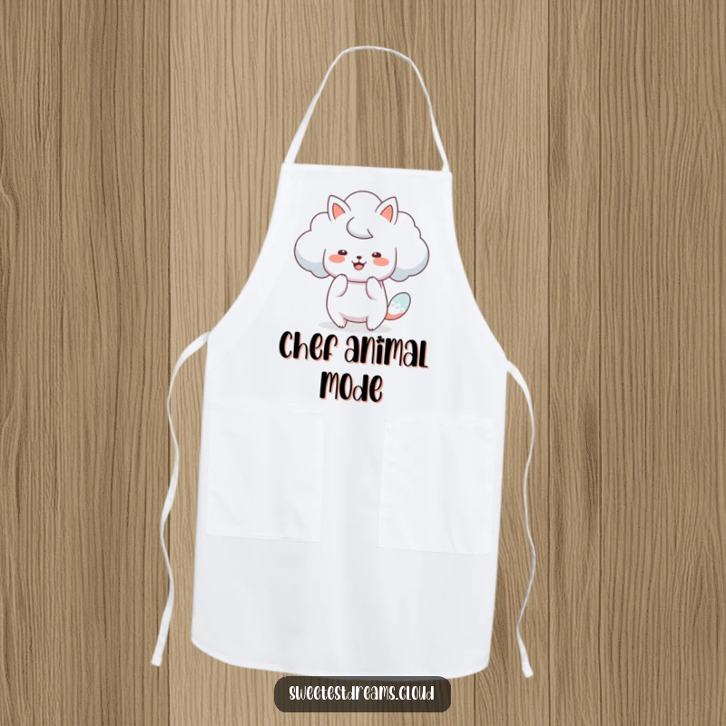 Funny artist cloud apron showing a cloud character artistically shaping itself into a playful animal while cooking.