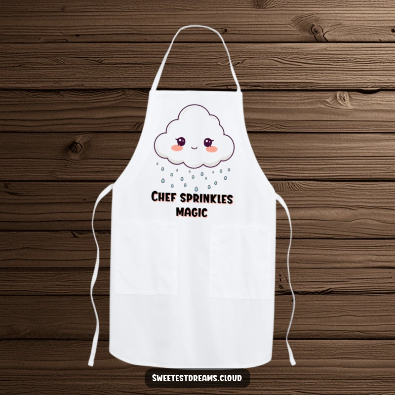 Funny apron featuring a cloud character gently raining tiny, sparkling drops, ideal for humorous kitchen activities and wear.