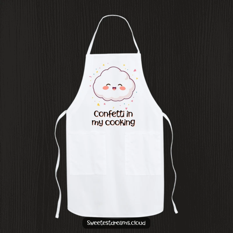 Funny apron featuring a giggling cloud character tossing confetti, perfect for adding cheer to the kitchen.