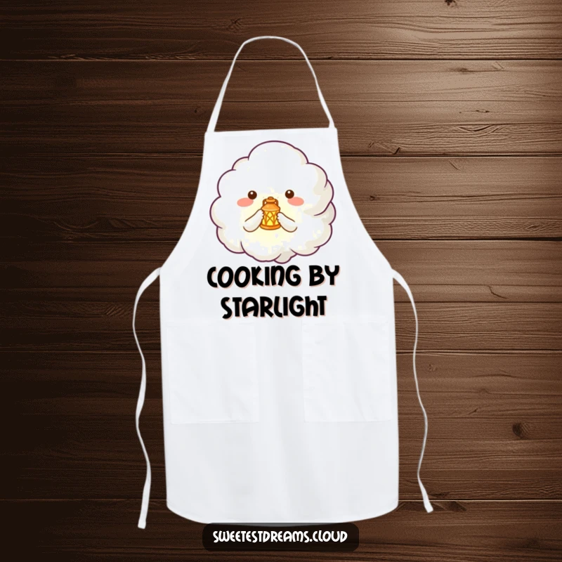Funny apron featuring a cute cloud creature holding a tiny, glowing lantern, perfect for kitchen magic.