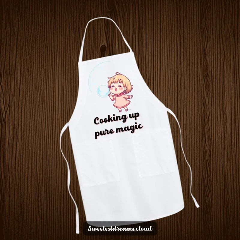 Funny apron featuring a character blowing a dream bubble, ideal for kitchen use and adding humor to cooking.