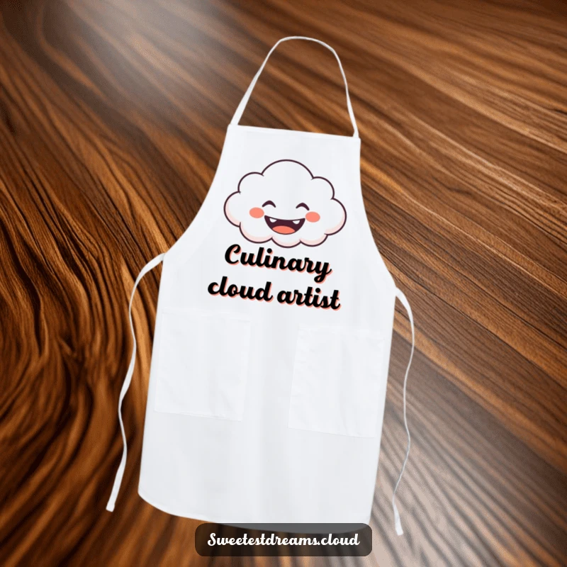 Funny Apron showing a grinning cloud character blowing whimsical shapes, perfect for adding playful fun to cooking.