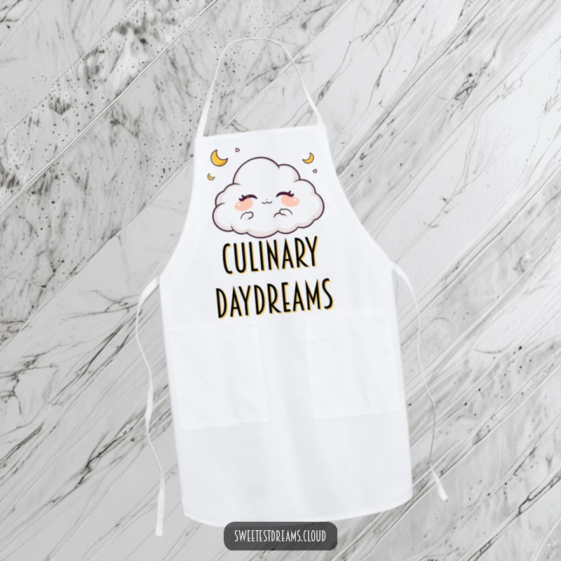 Funny apron with a sleeping cloud character and tiny crescent moons, perfect for serene cooking and baking experiences.