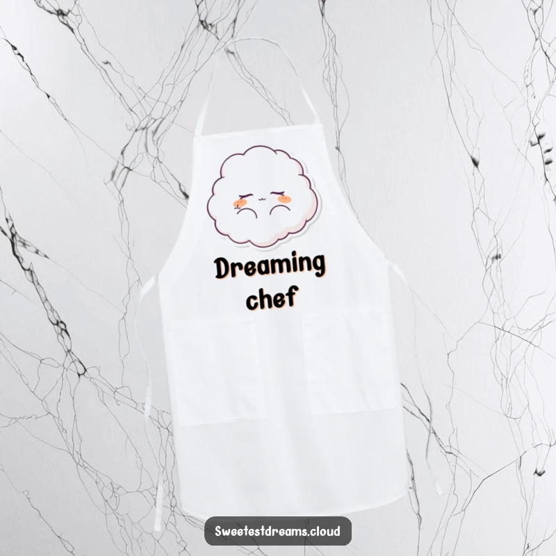 Funny fluffy cloud character apron, peacefully dreaming. A humorous kitchen accessory for those who find serenity in cooking.