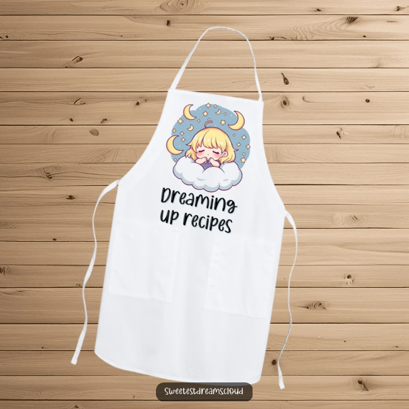 Funny Apron: Character dreaming while cooking, stars and moons around, a whimsical and funny kitchen essential.
