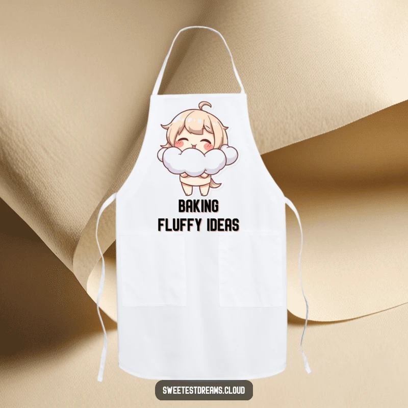 Funny Apron depicting a giggling character blowing fluffy cloud shapes, perfect for kitchen fun and protection.