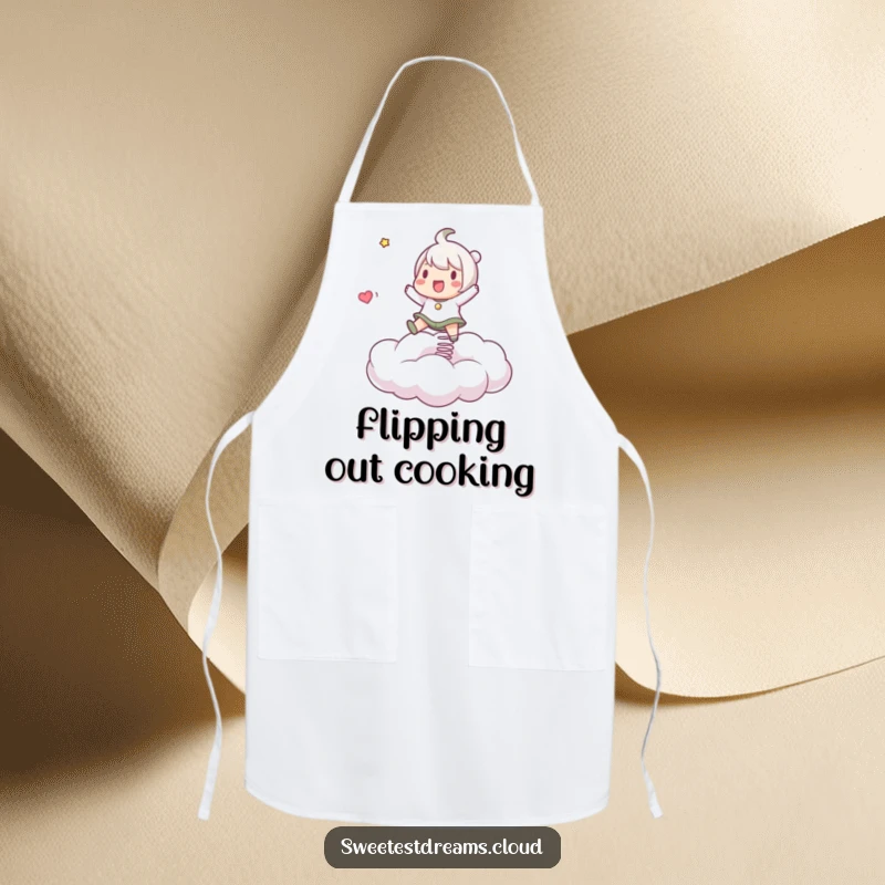 Funny Apron depicting a character energetically bouncing on a springy cloud, perfect for kitchen fun and protection.