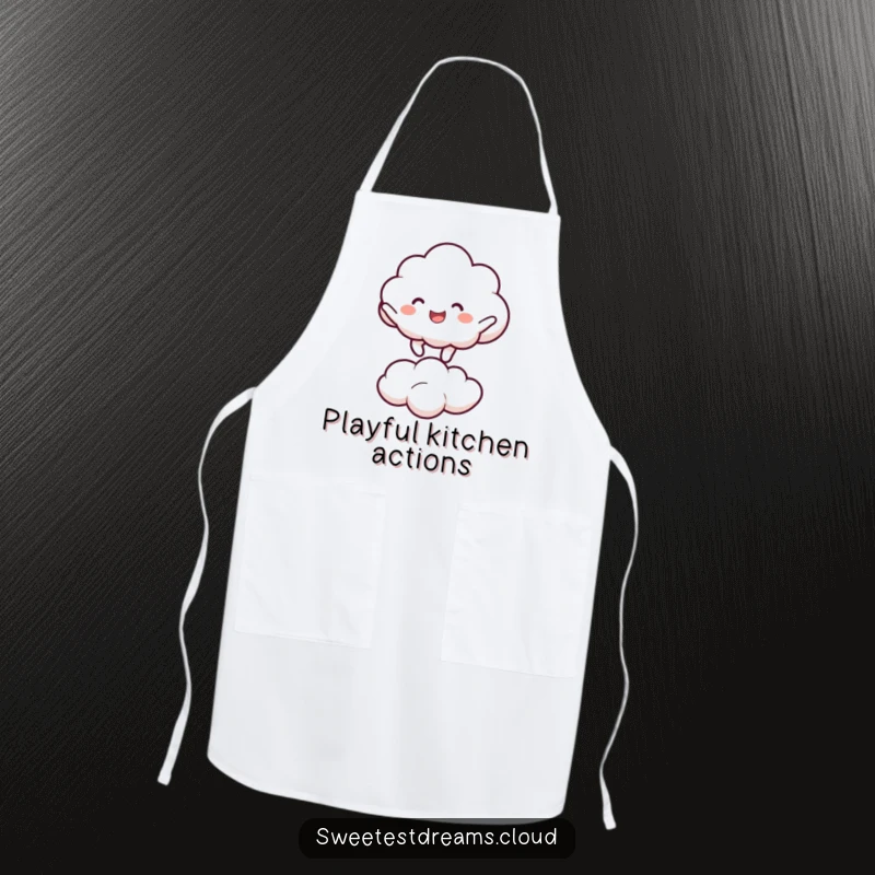 Funny cloud character joyfully bouncing on a smaller cloud. Humorous apron.