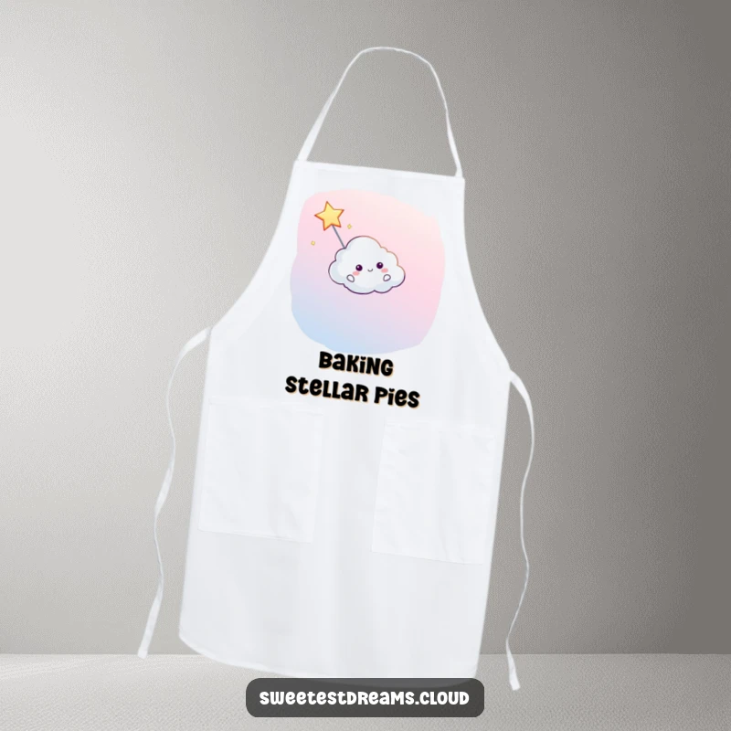 Funny apron featuring a cloud character guiding a shooting star, perfect for kitchen adventures.