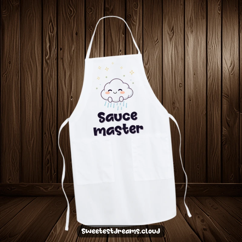 Funny apron with a smiling cloud character scattering sparkling raindrops, perfect for adding cheer to cooking and baking.