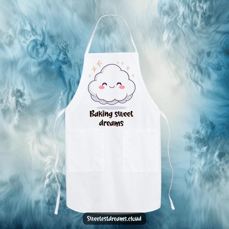 Funny apron with a smiling cloud character offering a sparkling dream, perfect for adding a touch of magic to cooking.