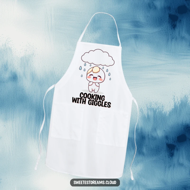 Funny kawaii character apron featuring a cute character giggling as dewdrops fall from a cloud, great for kitchen fun.