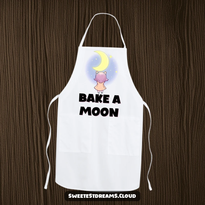 Funny Apron showing a character reaching for a sparkling crescent moon, ideal for kitchen tasks with a humorous, dreamy theme.