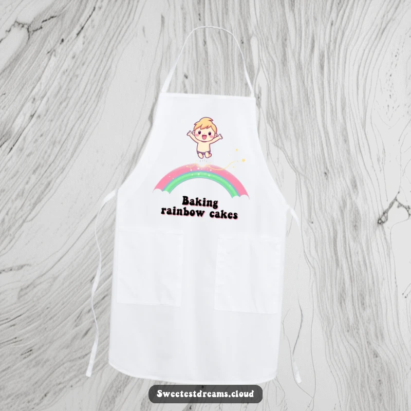 Funny Apron depicting a character joyfully leaping over a shimmering rainbow, perfect for kitchen fun and inspiration.