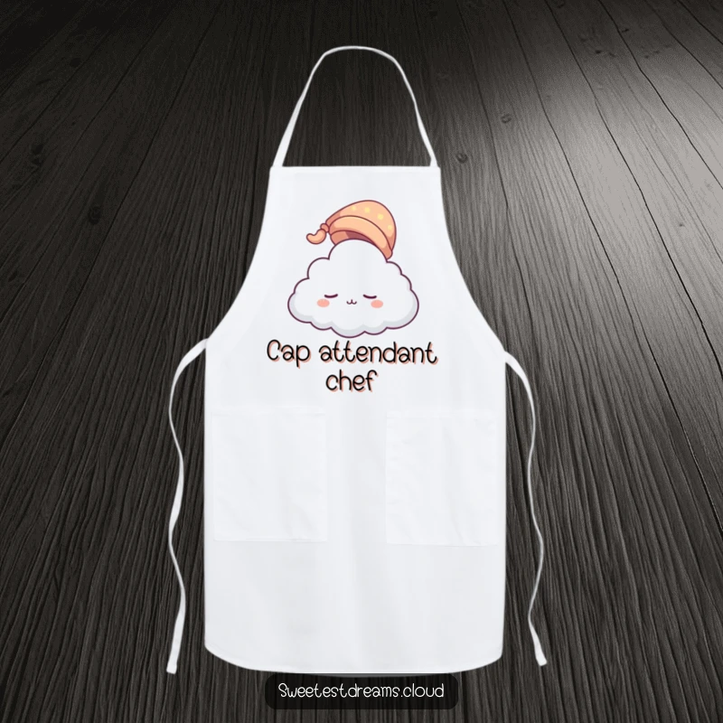 Funny cloud character apron wearing a tiny sleeping cap, floating gently. A humorous kitchen accessory for those who find serenity in cooking.