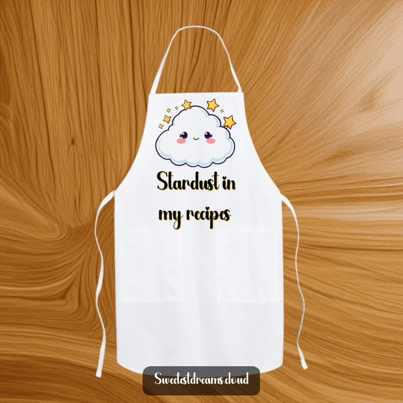 Funny cloud character surrounded by twinkling stars, designed for a humorous and functional kitchen apron.