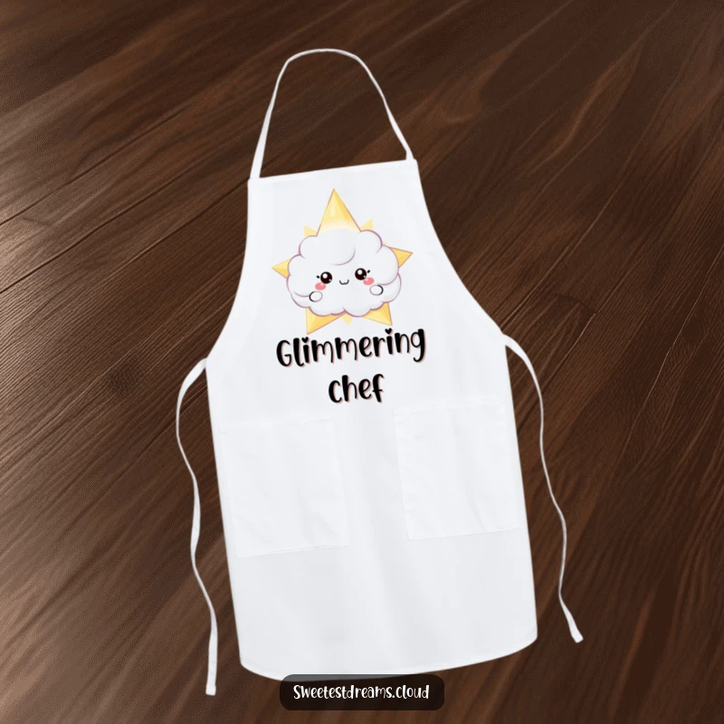 Funny apron with a cloud character peeking from behind a shimmering star, bringing celestial fun to cooking and baking.