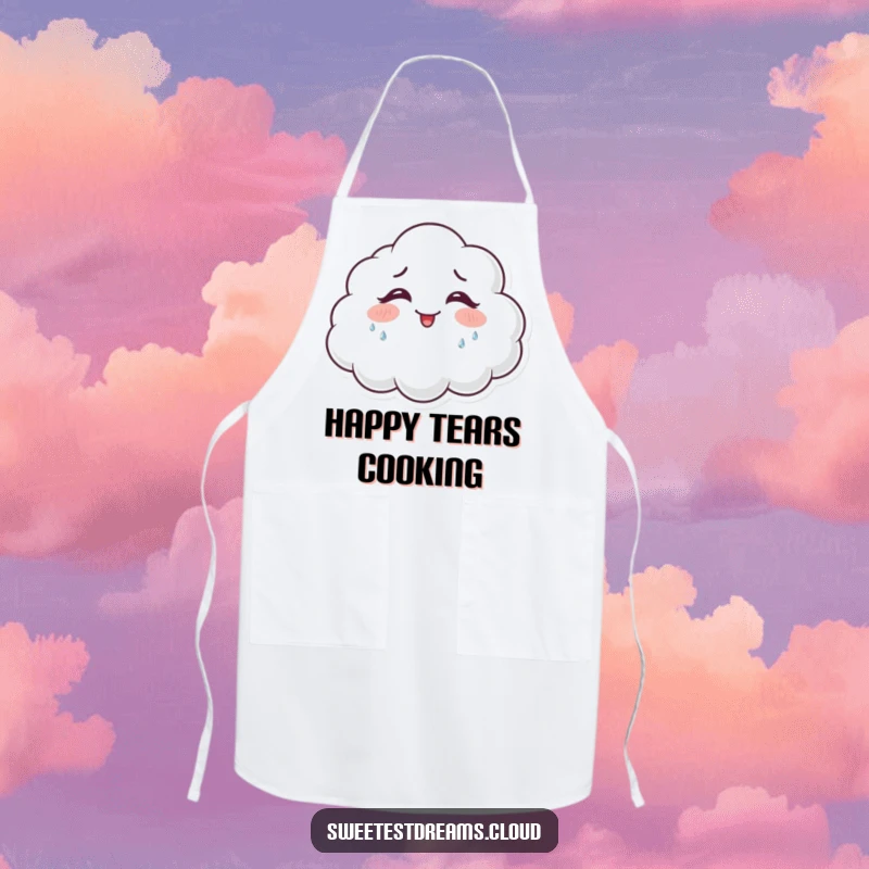 Funny giggling chef cloud apron shows a happy cloud character laughing and shedding sparkling tears while cooking.