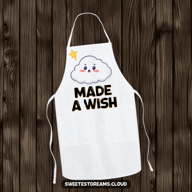 Funny cloud apron, great for chefs, featuring a surprised cloud character watching a shooting star while cooking.