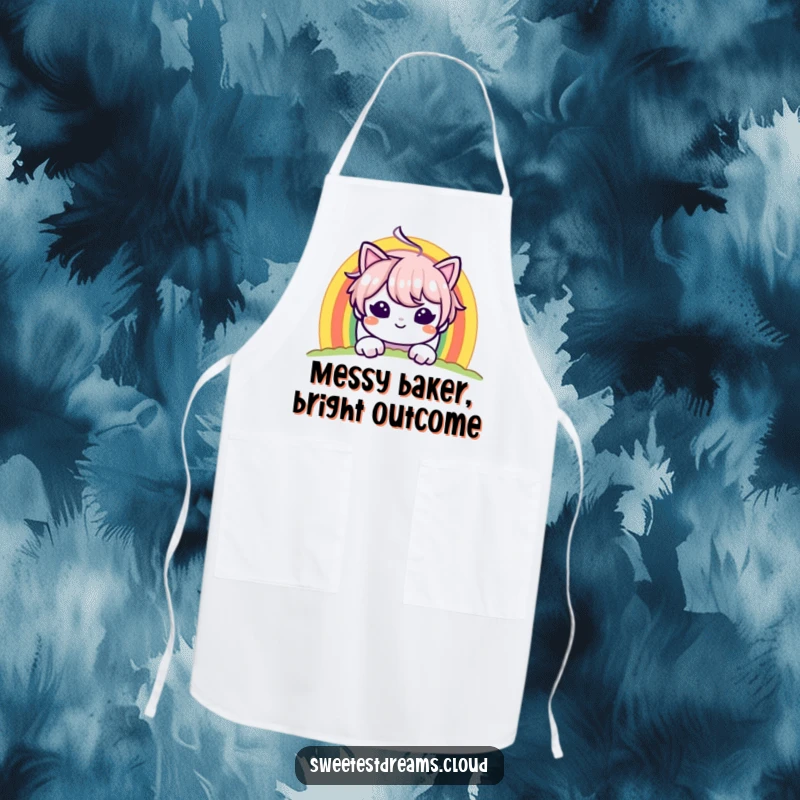 Funny apron with a character peeking from behind a rainbow with a mischievous grin, great for kitchen fun.