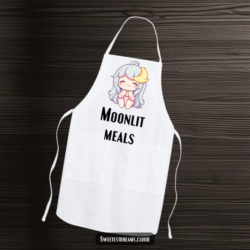 Funny Apron depicting a character sharing a dreamy smile with a sleepy moon, perfect for cooking with a humorous, nighttime theme.