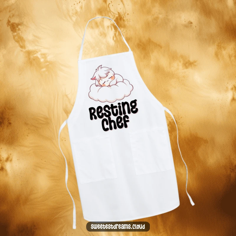 Funny Apron: Character peacefully snoozing on a cloud while cooking, a serene and funny kitchen essential.