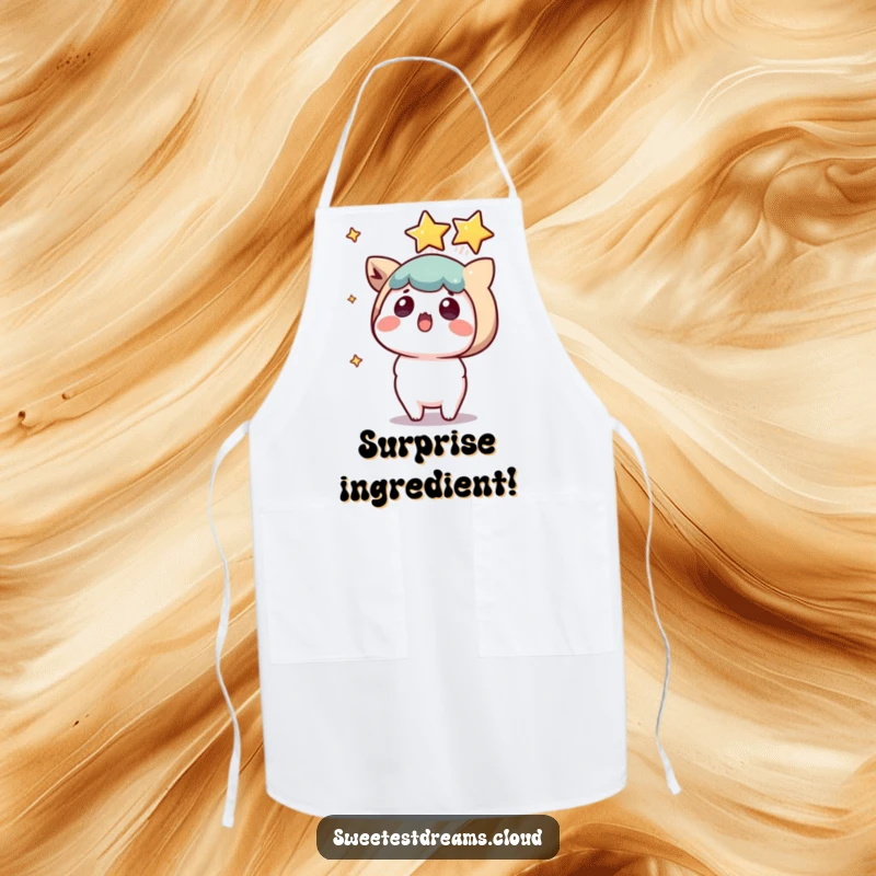 Funny kawaii character apron, surprised expression, a shooting star landing, humorous kitchen wear.