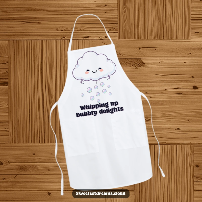 Funny apron with a cloud character catching iridescent bubbles, perfect for a playful kitchen.