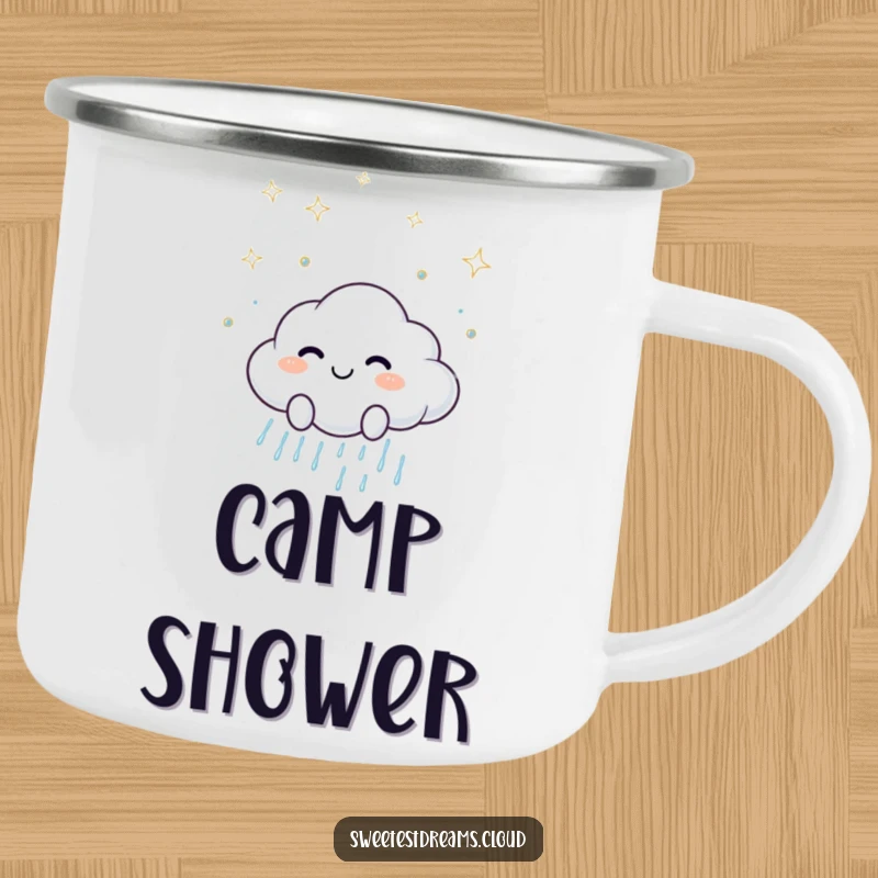 Funny camping mug with a smiling cloud character scattering sparkling raindrops, perfect for cheerful outdoor beverages.