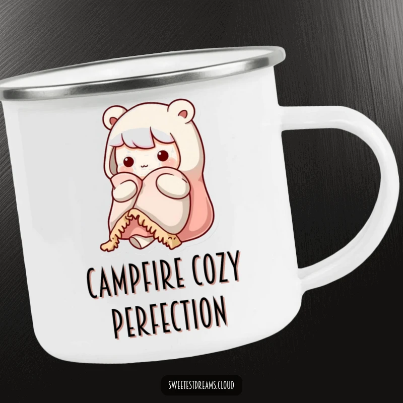 Funny kawaii character camping mug showing a cute character holding a warm blanket, looking cozy during outdoor adventures.