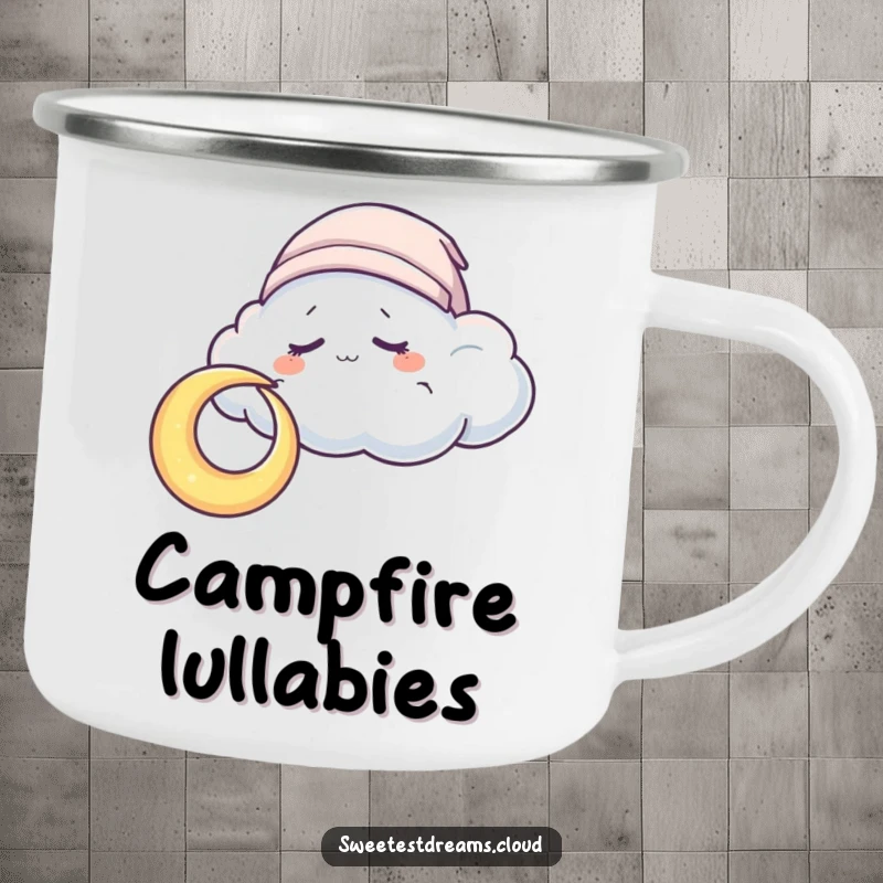 Funny Camping Mug featuring a sleepy cloud in a cap nuzzling a crescent moon, perfect for enjoying warm drinks outdoors.