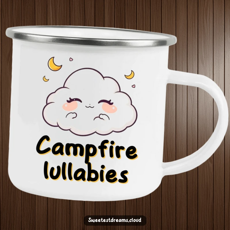 Funny camping mug with a dreaming cloud character and tiny crescent moons, perfect for peaceful outdoor enjoyment.