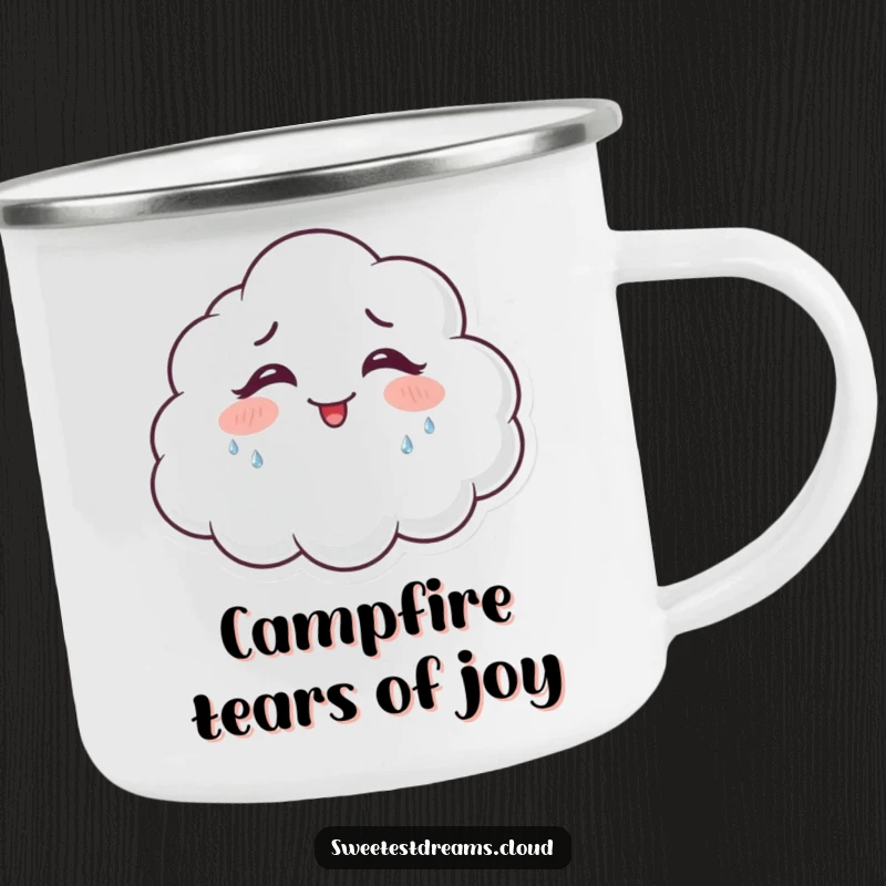 Funny giggling cloud camping mug with a happy cloud character laughing and shedding sparkling tears, great for outdoors.
