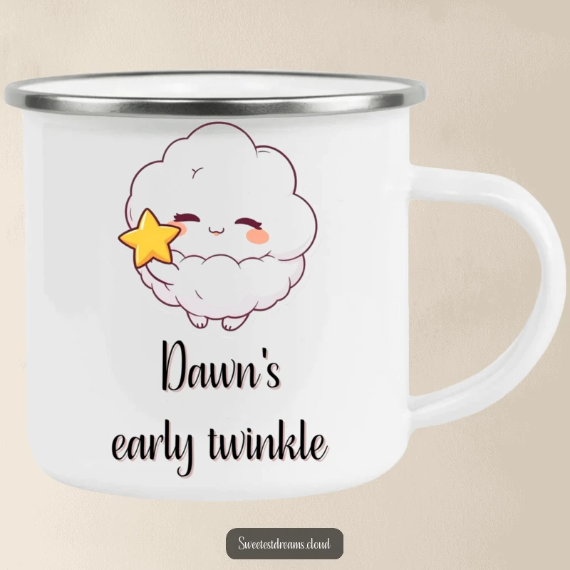 Funny camping mug with a fluffy cloud character playfully winking and holding a star, designed for outdoor enthusiasts who love humor and magic.