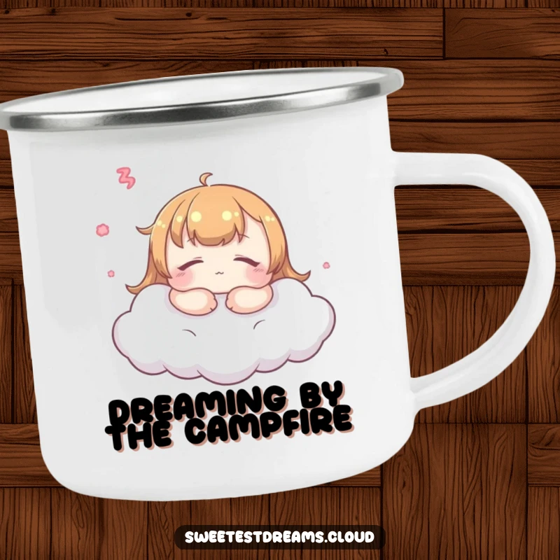 Funny kawaii dreamer camping mug, peaceful character on a cloud, durable and humorous drinkware for adventures.