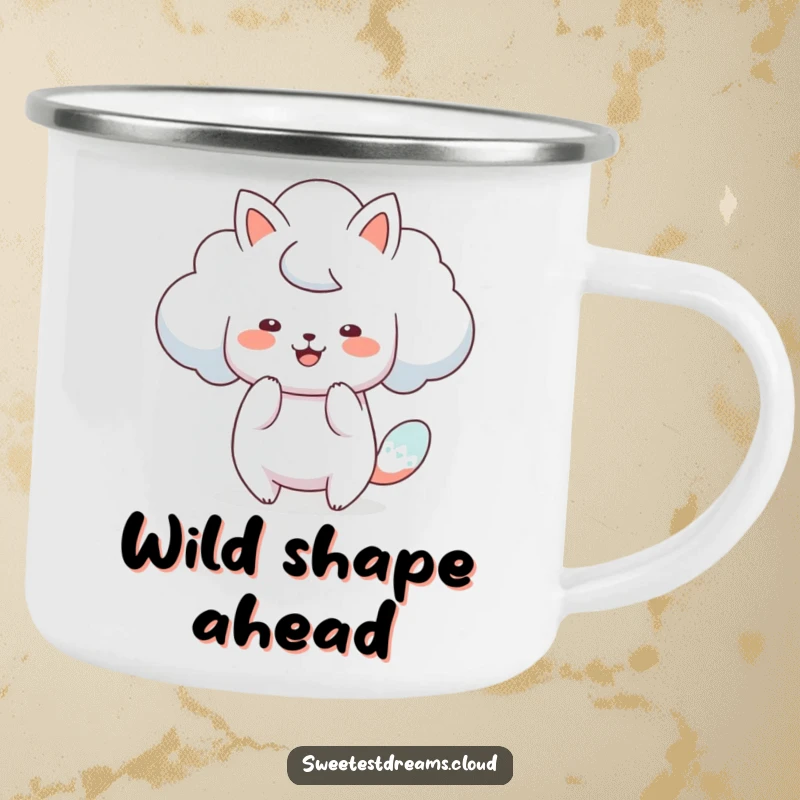 Funny cloud art camping mug featuring a cloud character artistically shaping itself into a playful animal, great for outdoor creativity.