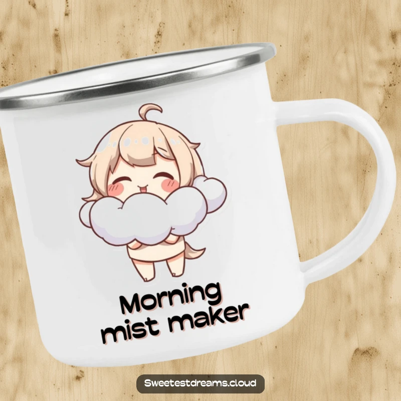 Funny Camping Mug with a cheerful character blowing fluffy cloud shapes, built for outdoor fun and laughter.