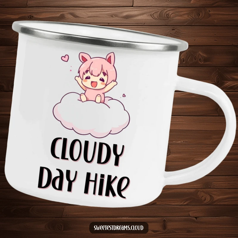 Funny Camping Mug featuring a character bouncing on a soft cloud, perfect for outdoor adventures with a humorous touch.