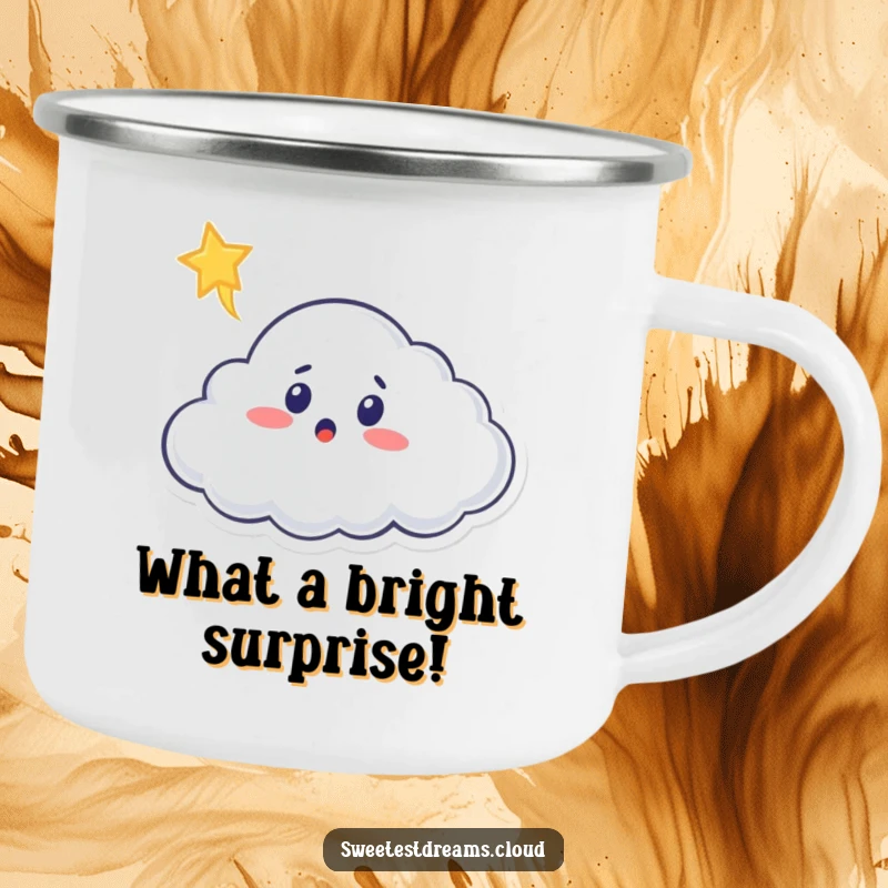 Funny cloud camping mug featuring a surprised cloud character reacting to a shooting star, perfect for outdoor adventures.