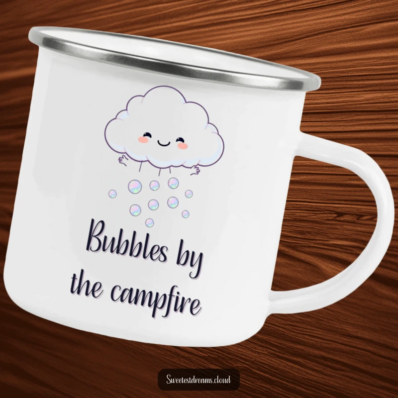 Funny camping mug depicting a cloud character catching iridescent bubbles, ideal for outdoor beverages.