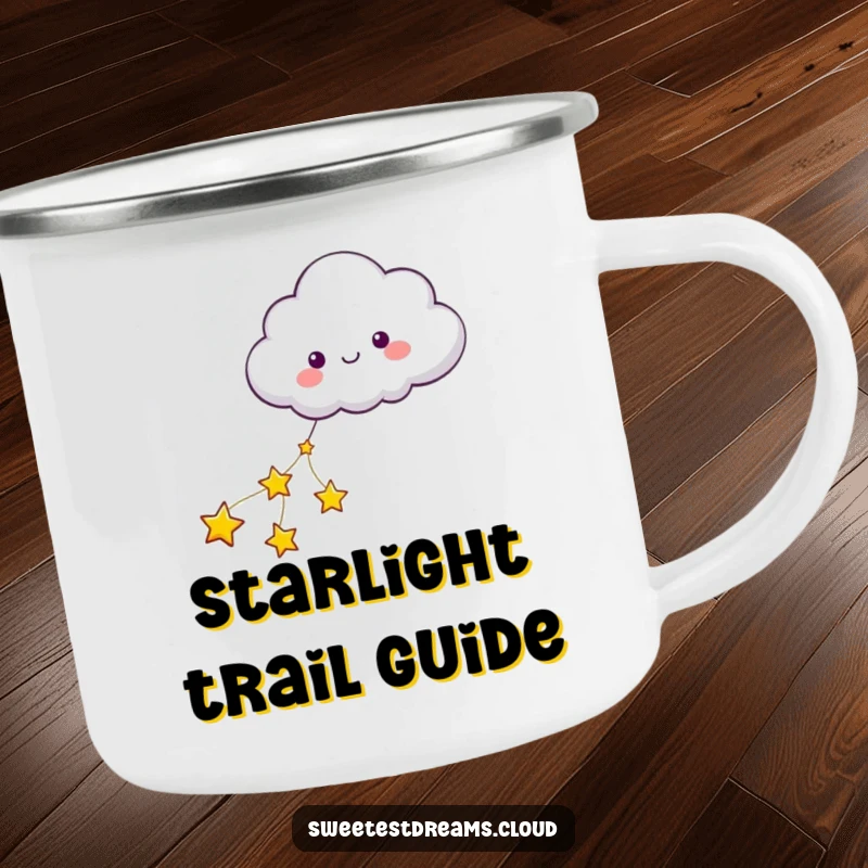 Funny camping mug showing a cloud character pulled by stars, perfect for enjoying drinks during magical outdoor adventures.