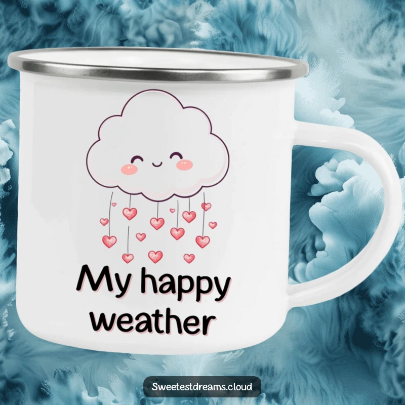 Funny camping mug featuring a cute cloud character showering tiny, shimmering hearts for your outdoor enjoyment.