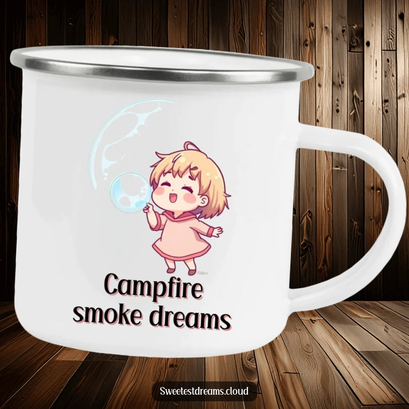 Funny camping mug featuring a character blowing a bubble filled with dreams, perfect for outdoor enthusiasts.
