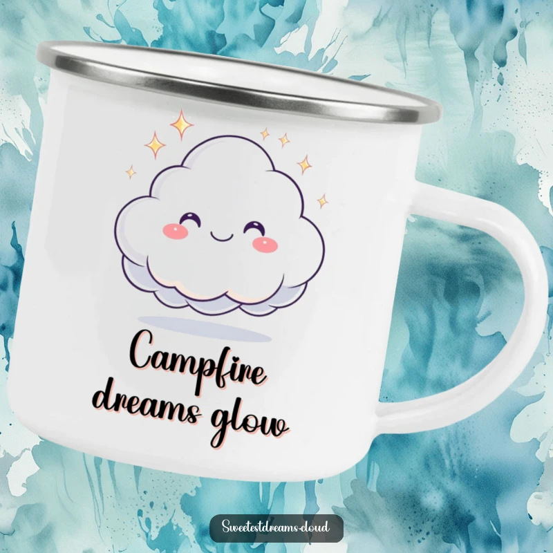 Funny camping mug with a smiling cloud character offering a sparkling dream, perfect for enjoying dreamy sips outdoors.