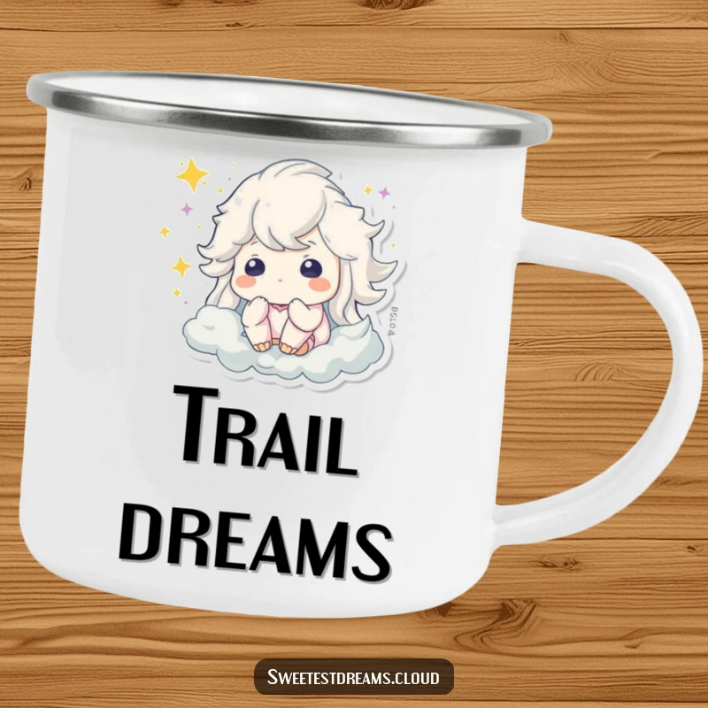 Funny camping mug featuring a dreaming character surrounded by magical sparkling dust, perfect for outdoor inspiration.
